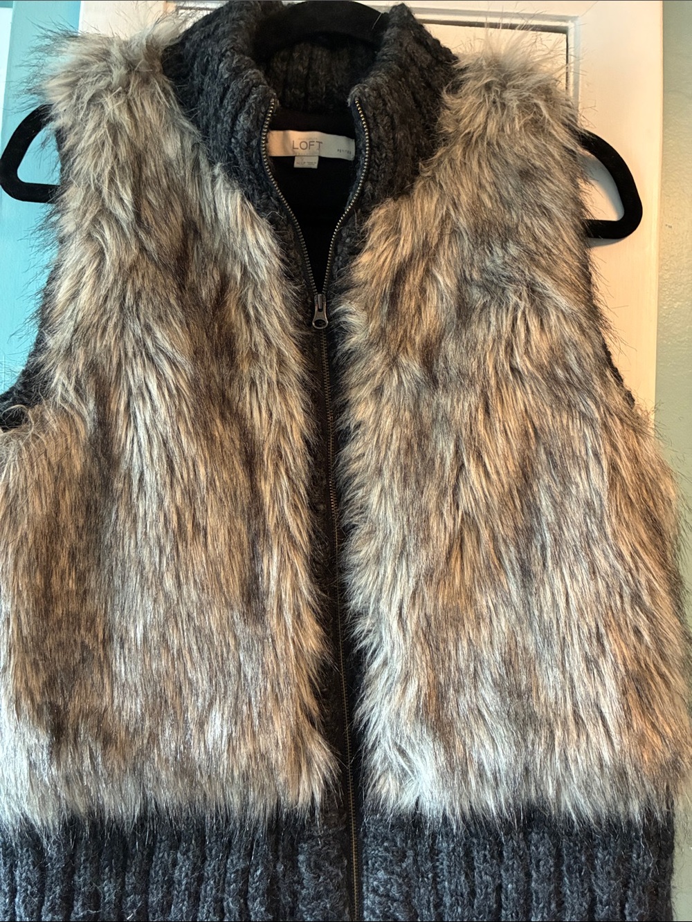 LOFT Gray and Cream Faux Fur Zip Vest